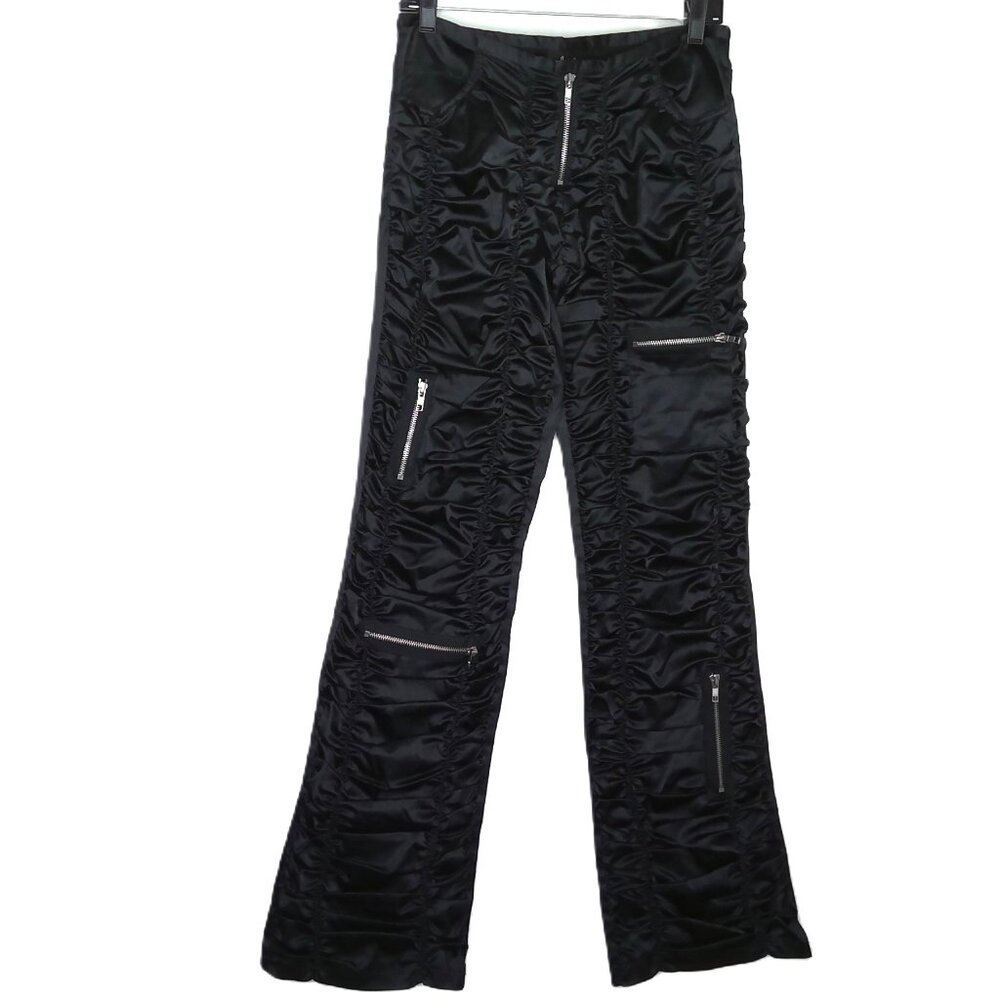 Seven7 Express Black Satin Pants Y2k Cargo Black Satin Zippers Ruched Stretch 28